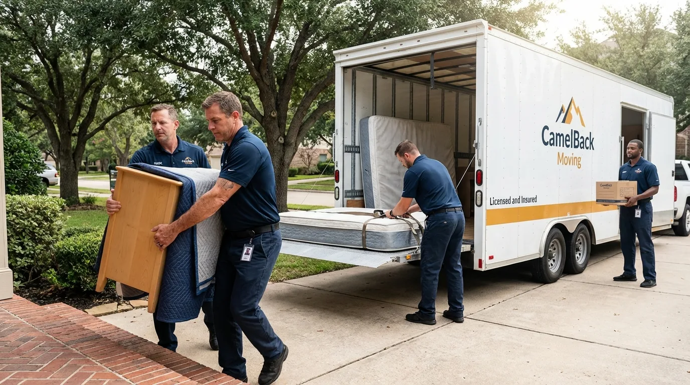 Crew loading residential truck for cross-state move from Crewe, VA
