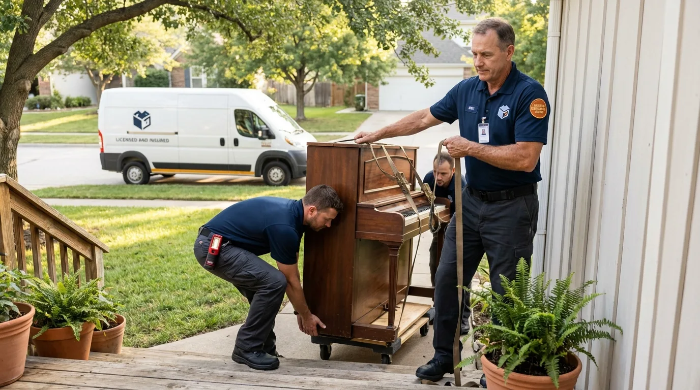 Licensed piano movers securing grand piano in Crewe, VA