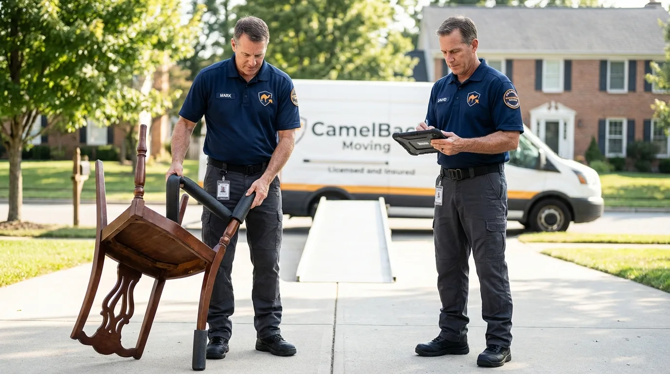 Movers inspecting furniture for damage prevention before loading in Crewe, VA
